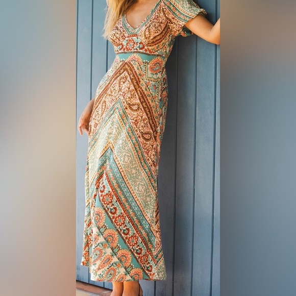 Lovestitch Boho Dreams Maxi Dress, V-Neck, Puff Sleeves, 100% Rayon; size S - Picture 10 of 10